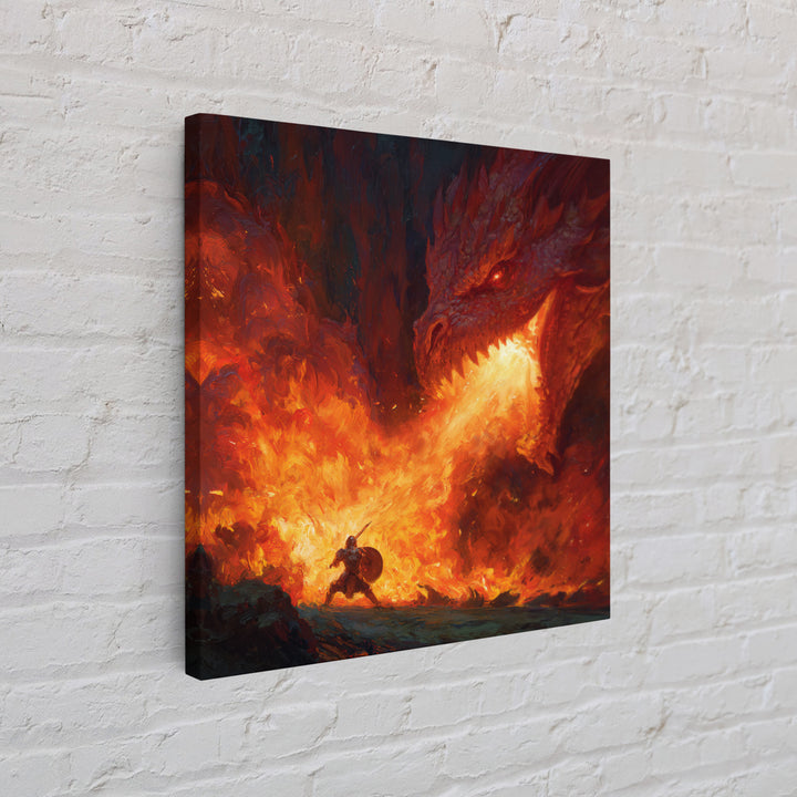 Red Dragon Breathing Fire At Brave Knight Wall Art, Dark Fantasy Canvas Print, Epic Medieval Battle Decor, Gamer Gift For Him