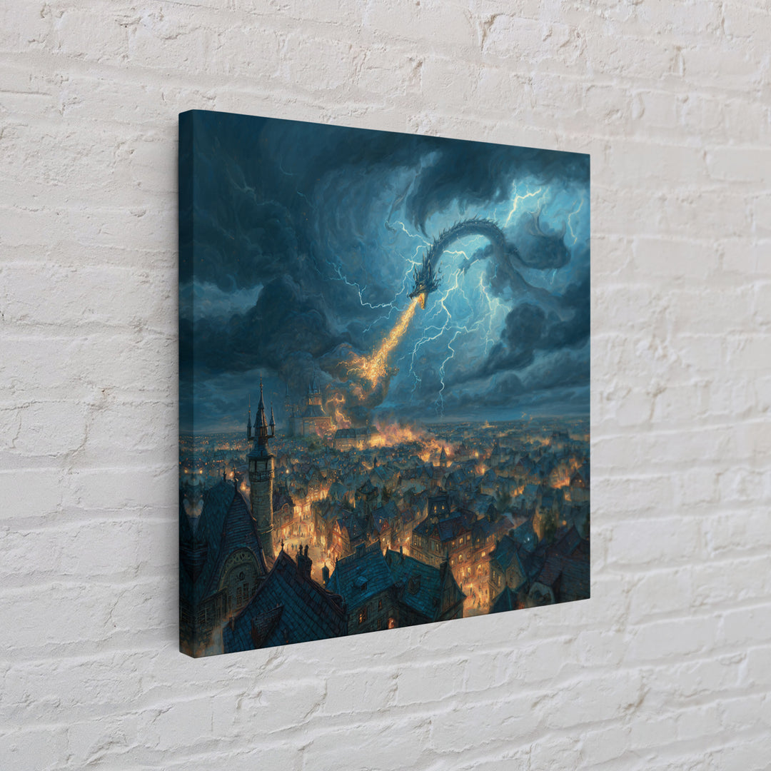 Lightning Dragon Over Stormy Medieval City Canvas Print, Dark Fantasy Wall Art, Dramatic Castle Decor, Gamer Room Gift For Him