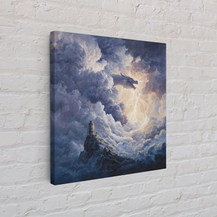 Storm Cloud Dragon With Lightning Above Lonely Tower Wall Art, Dark Fantasy Canvas Print, Gothic Castle Decor, Moody Art Gift
