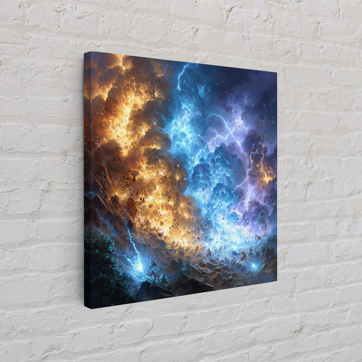 Blue And Gold Elemental Storm Battle Wall Art, Fantasy Canvas Print, Lightning Fire Landscape, Dramatic Gamer Room Decor