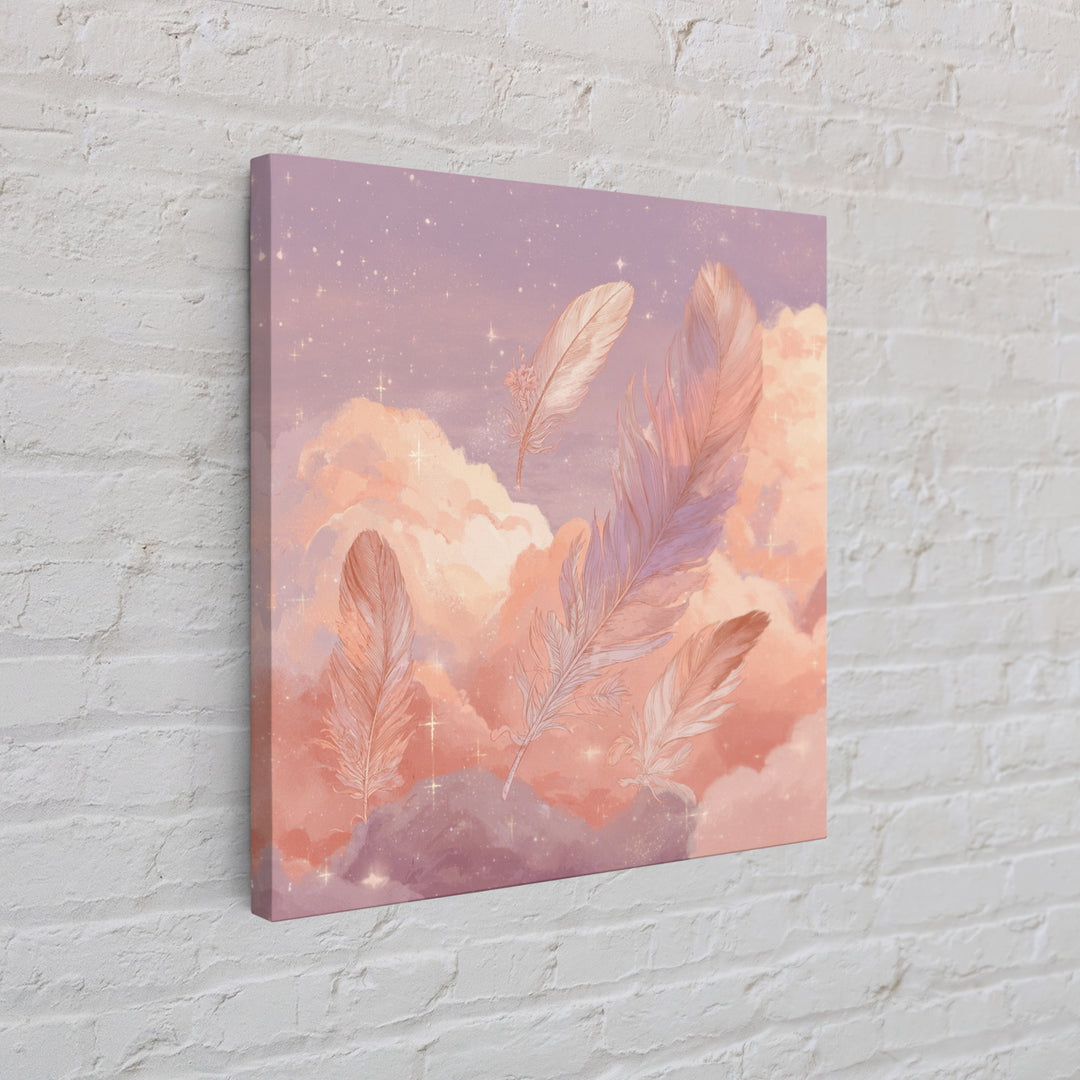Pink Feathers Floating In Peach Clouds Canvas Print, Celestial Wall Decor, Dreamy Pastel Nursery Art, Whimsical Gift For Her