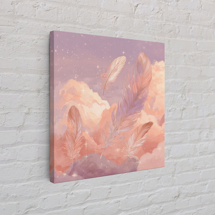 Pink Feathers Floating In Peach Clouds Canvas Print, Celestial Wall Decor, Dreamy Pastel Nursery Art, Whimsical Gift For Her