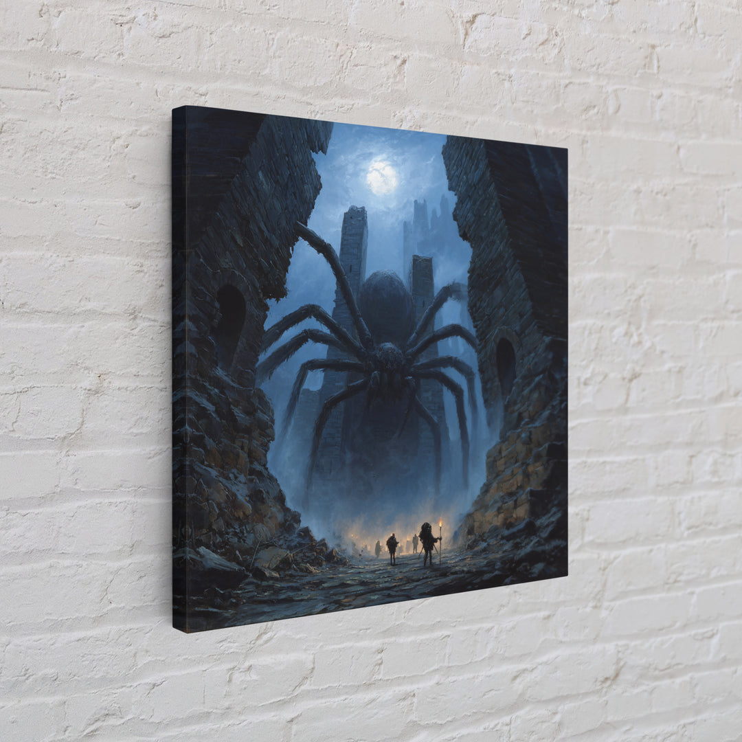 Giant Spider In Moonlit Ruins Wall Art, Dark Fantasy Canvas Print, Gothic Dungeon Decor, Creepy Adventure Gift For Gamers