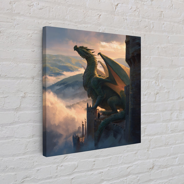 Majestic Dragon On Castle Tower Framed Canvas Print, Fantasy Wall Art, Mountain Landscape Decor, Medieval Adventure Gift