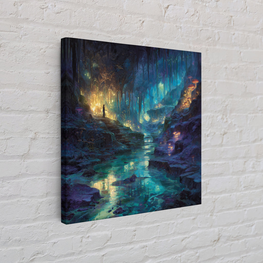 Glowing Crystal Cave River Wall Art, Fantasy Canvas Print, Bioluminescent Mushroom Decor, Magical Landscape Gift For Her