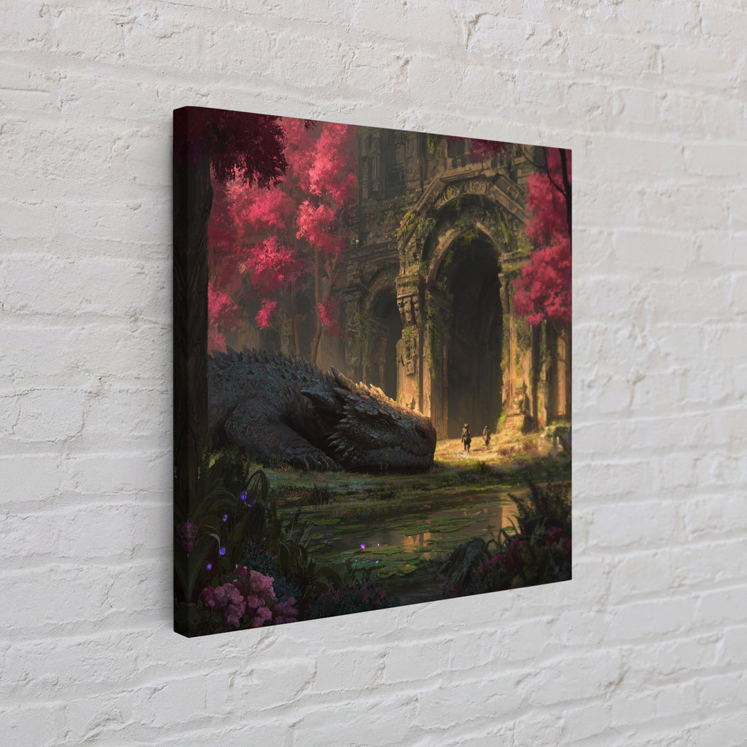 Sleeping Dragon In Crimson Forest Ruins Wall Art, Fantasy Canvas Print, Gothic Garden Decor, Mythical Adventure Gift For Her