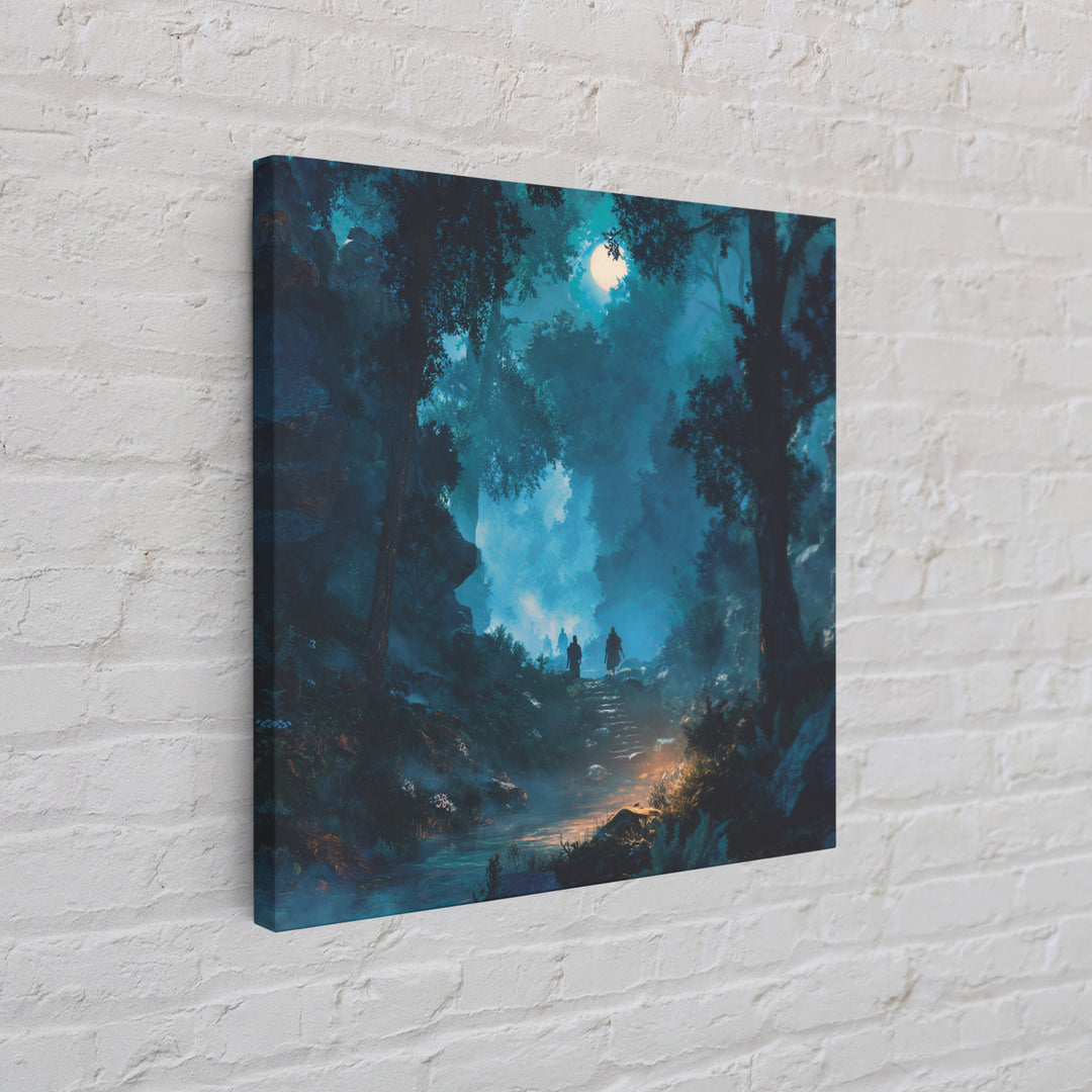 Moonlit Blue Forest Path Wall Art, Fantasy Canvas Print, Mystical Landscape Decor, Calming Adventure Gift For Nature Lovers