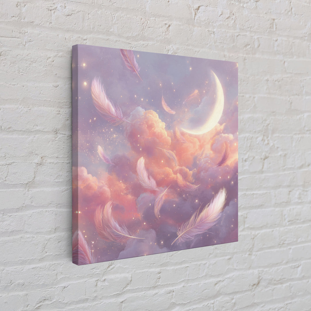 Crescent Moon And Floating Feathers Framed Canvas Print, Celestial Wall Art, Dreamy Cloud Decor, Pastel Nursery Gift For Her