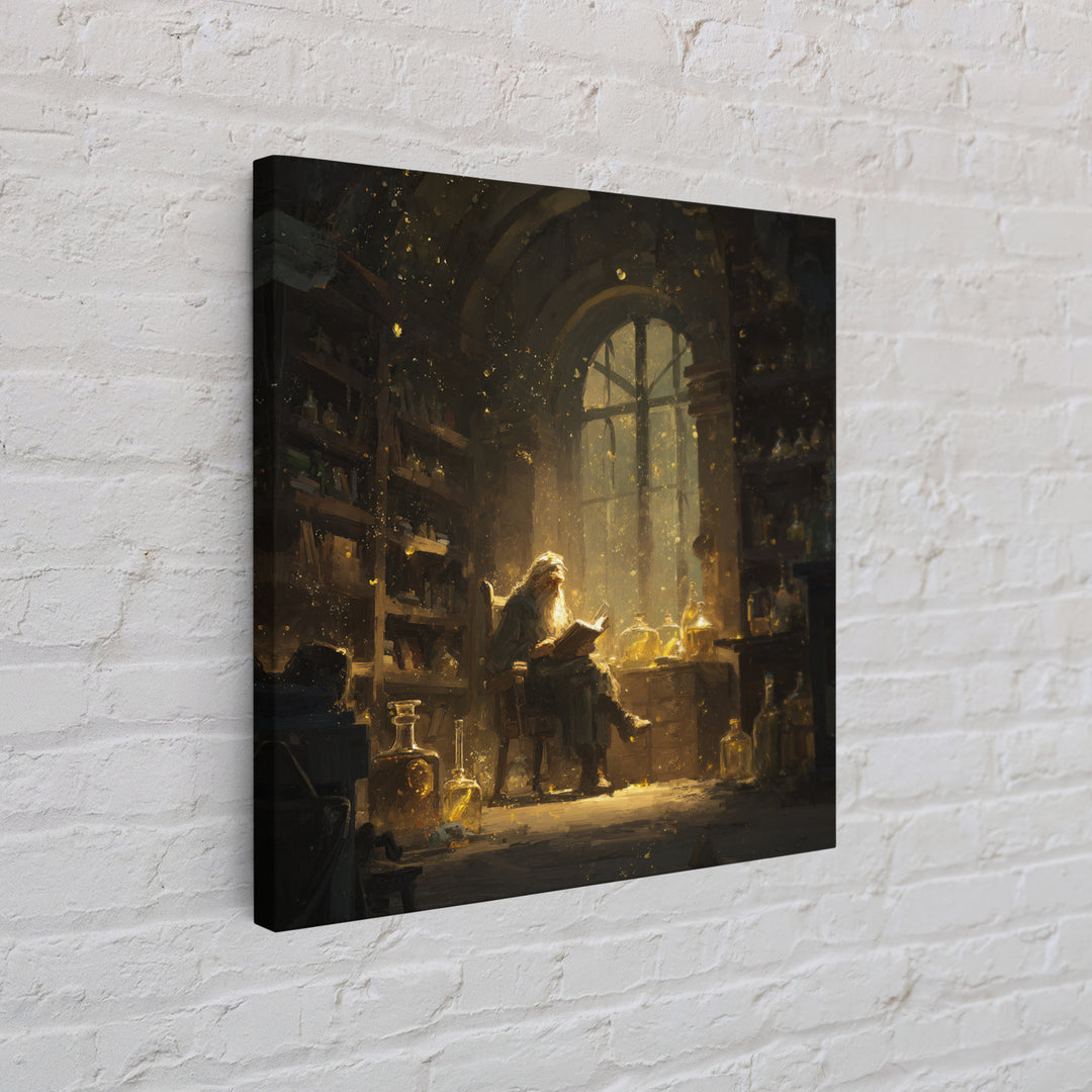 Wizard Reading In Golden Alchemy Library Wall Art, Dark Academia Fantasy Art Print, Magical Home Office Decor Gift For Readers