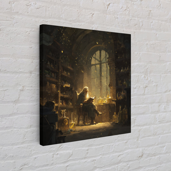 Wizard Reading In Golden Alchemy Library Wall Art, Dark Academia Fantasy Art Print, Magical Home Office Decor Gift For Readers