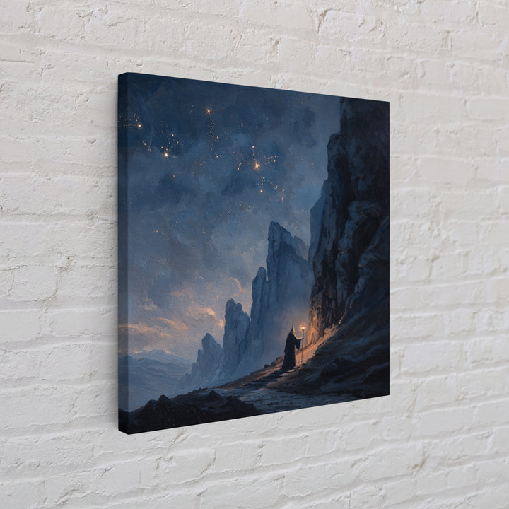 Lone Wizard On Starlit Mountain Path Canvas Print, Moody Fantasy Landscape Art, Dark Academia Office Wall Decor For Study Room