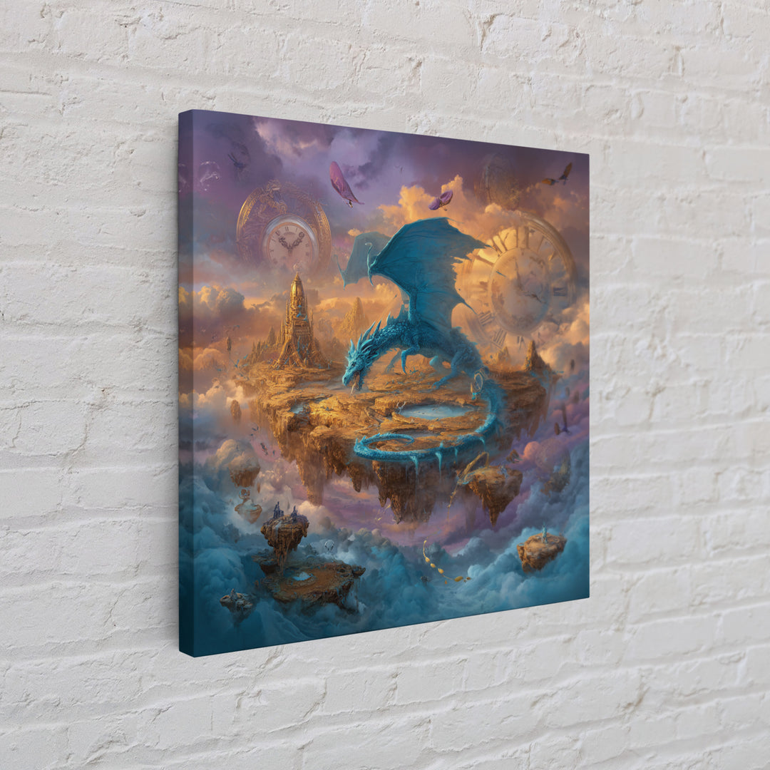 Blue Dragon Over Floating Clockwork Islands Wall Art, Epic Fantasy Canvas Print, Surreal Sky Castle Gaming Room Decor Gift