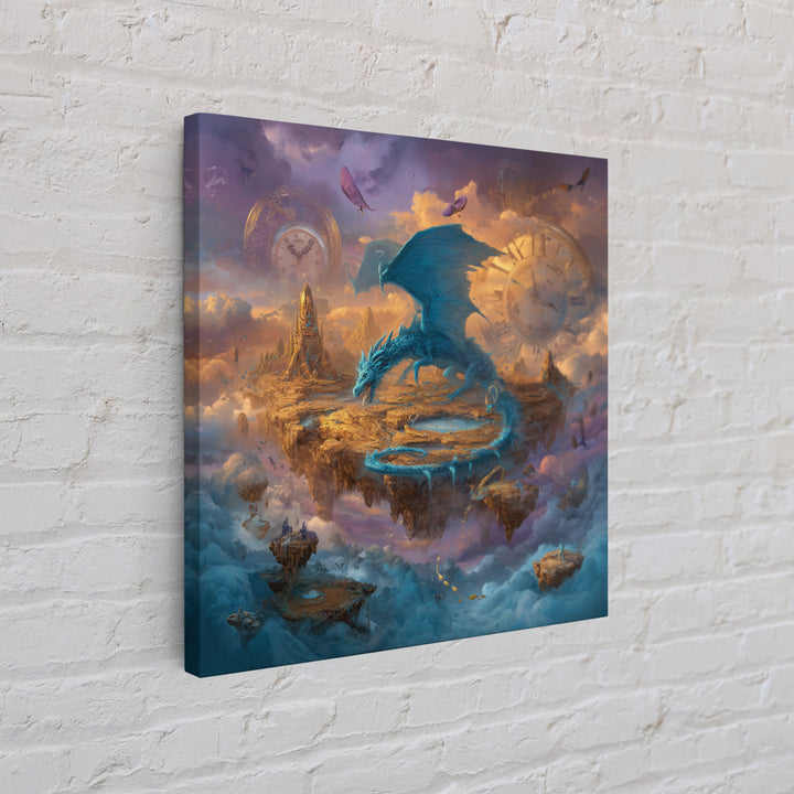 Blue Dragon Over Floating Clockwork Islands Wall Art, Epic Fantasy Canvas Print, Surreal Sky Castle Gaming Room Decor Gift