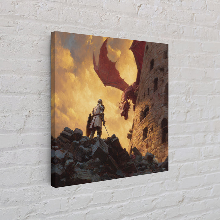 Knight Facing Red Dragon By Castle Tower Framed Canvas Print, Medieval Fantasy Wall Art, Epic Gaming Room Decor Gift For Him