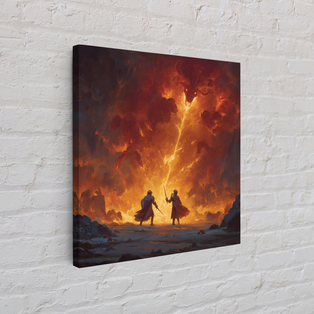 Heroes Battling Fire Demon In Inferno Wall Art, Dark Fantasy Canvas Print, Epic Dungeons And Dragons Gaming Room Decor Gift