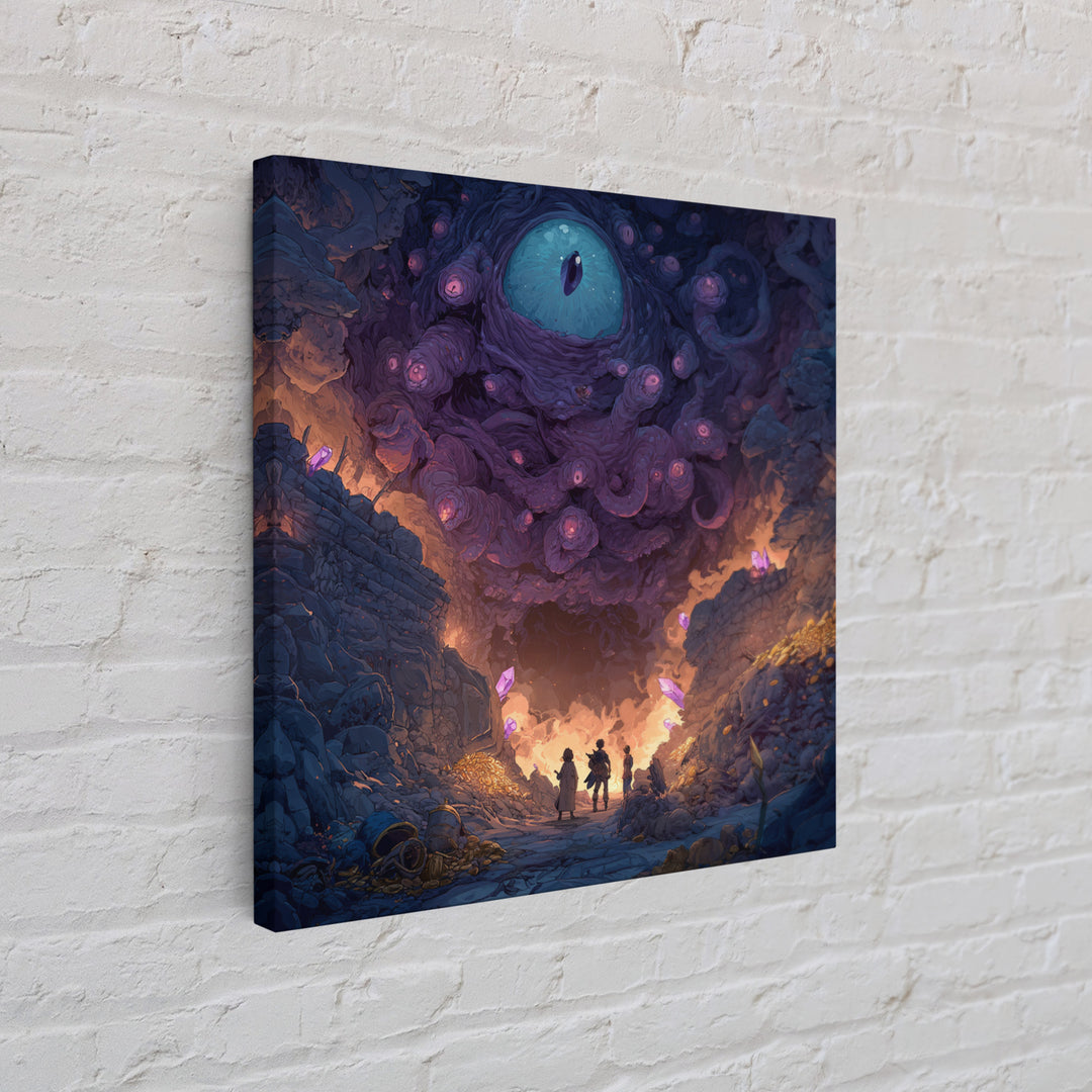 Adventurers Beneath Giant Cosmic Eye Canvas Print, Surreal Dark Fantasy Wall Art, Dungeon Cave Gaming Room Decor Gift For Him