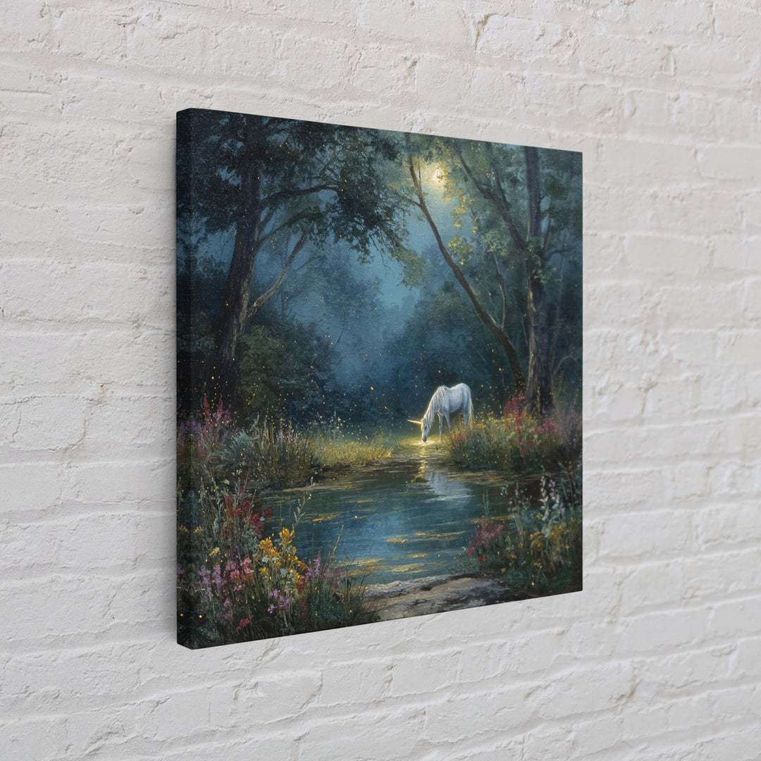White Unicorn By Moonlit Forest Stream Wall Art, Enchanted Woodland Fantasy Canvas Print, Dreamy Nursery Decor Gift For Kids Room