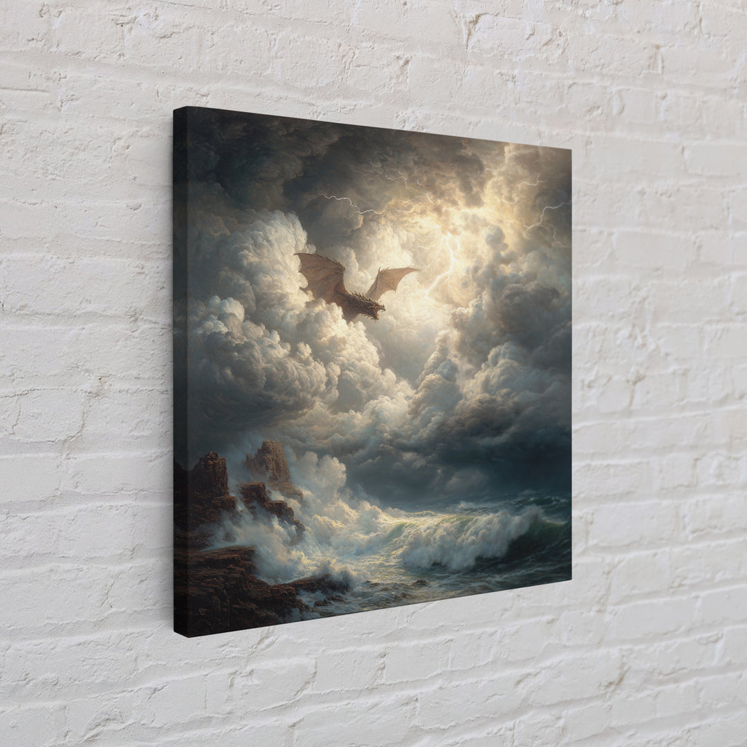 Dragon Flying Through Lightning Storm Over Ocean Wall Art, Dark Fantasy Seascape Canvas Print, Nautical Gothic Decor Gift