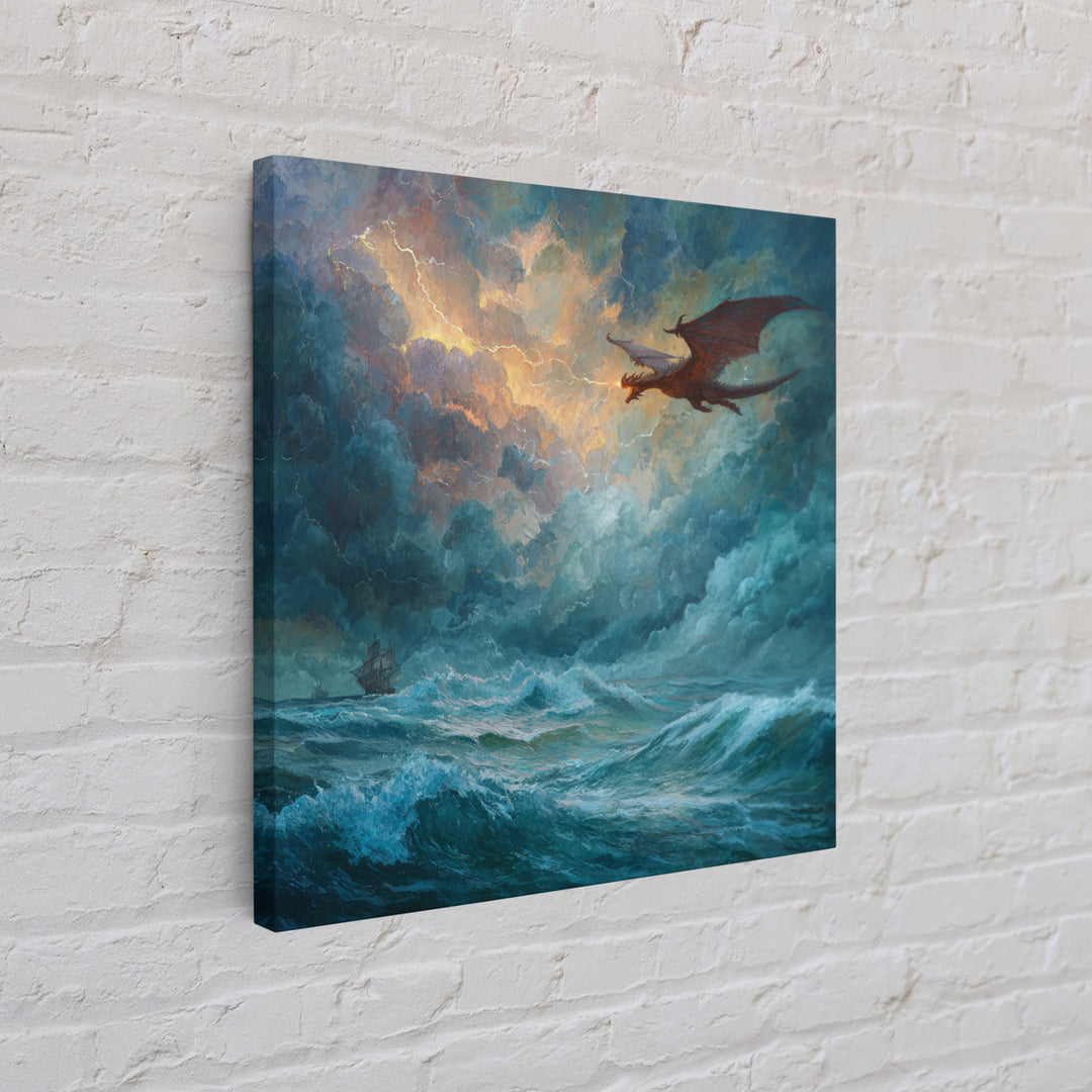 Red Dragon Soaring Above Stormy Ocean Canvas Print, Epic Fantasy Seascape Wall Art, Gothic Nautical Living Room Decor Gift