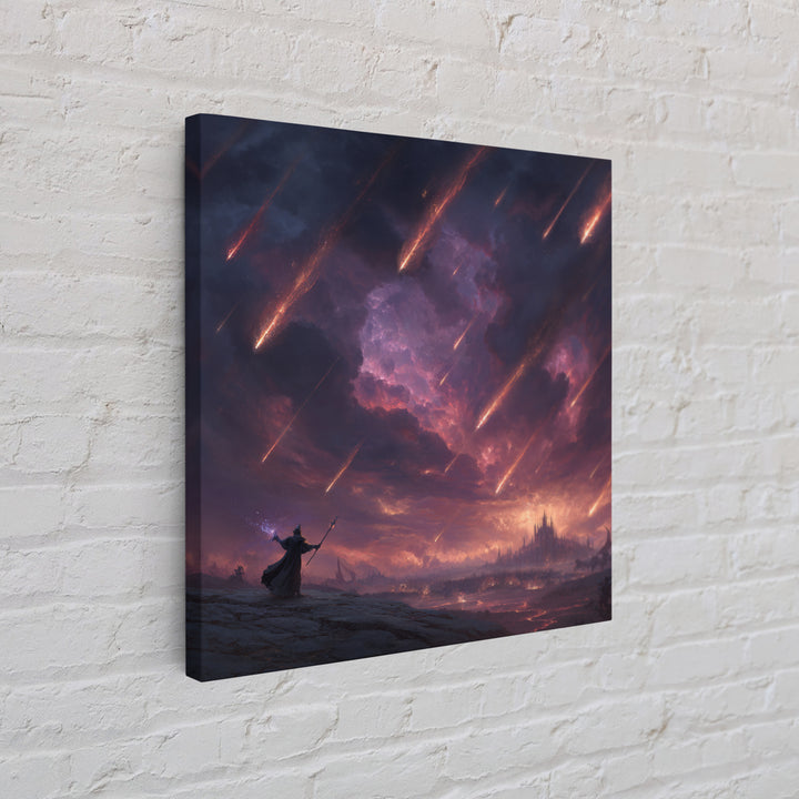 Meteor Storm Wizard Fantasy Wall Art, Dark Castle Canvas Print, Apocalyptic Sky, Gothic Gaming Room Decor, Unique Gift For Him