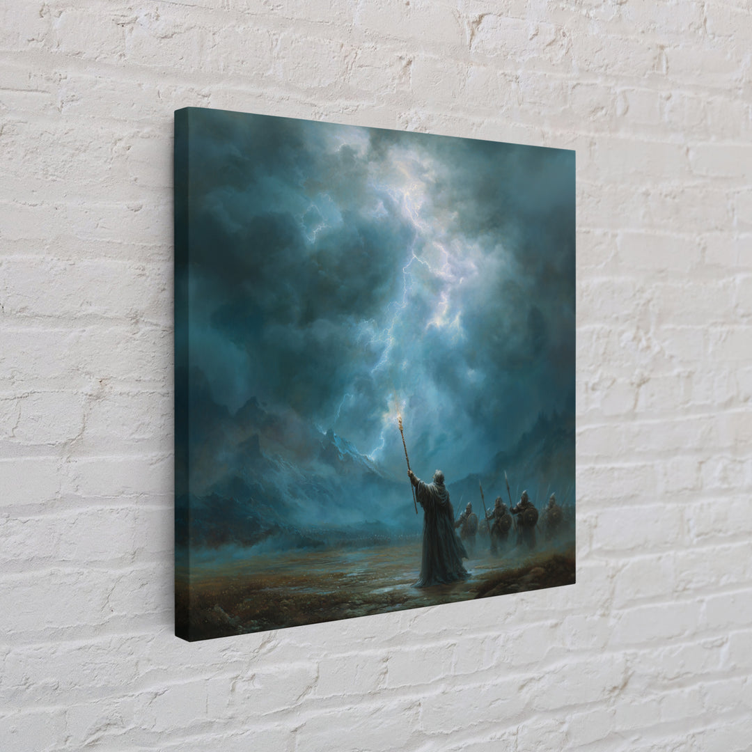 Storm Wizard Raising Lightning Wall Art, Epic Fantasy Canvas Print, Blue Mountain Battle Scene, Dark Academia Office Decor