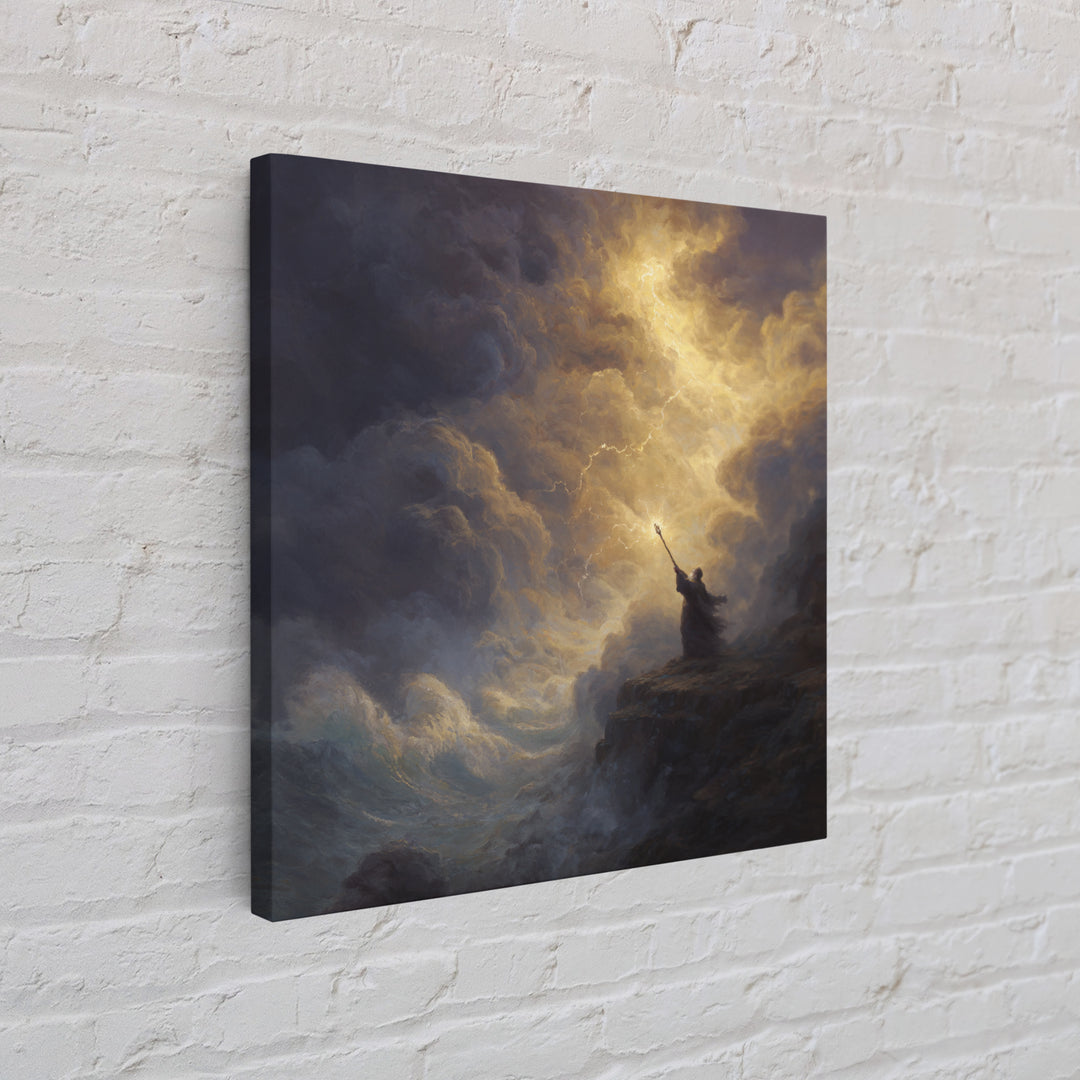 Golden Lightning Wizard Seascape Wall Art, Stormy Ocean Framed Canvas Print, Mythological Fantasy Decor, Moody Fine Art Gift