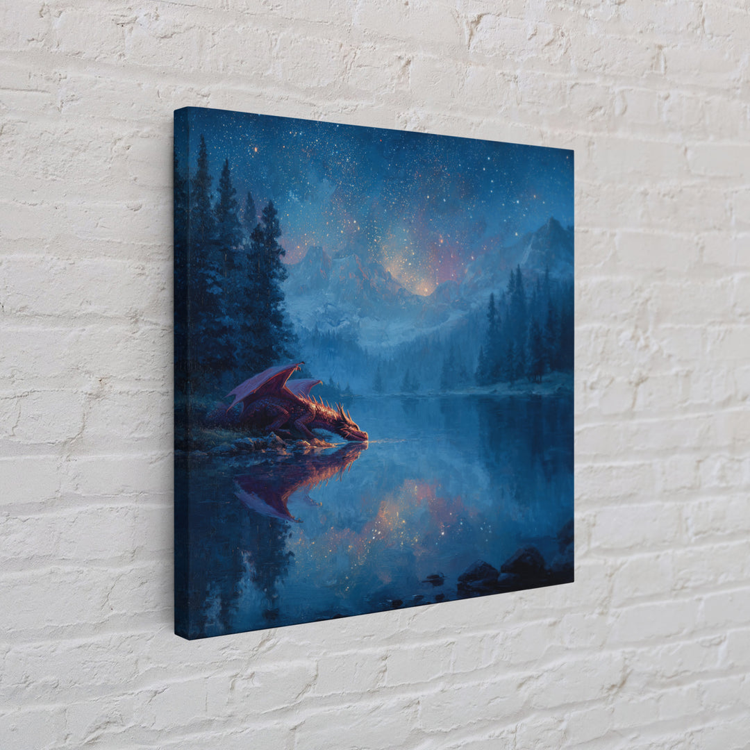 Starlit Dragon Lake Fantasy Wall Art, Blue Mountain Canvas Print, Celestial Nursery Decor, Magical Kids Room Art Gift For Dragon Lovers
