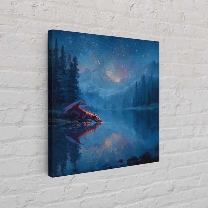 Starlit Dragon Lake Fantasy Wall Art, Blue Mountain Canvas Print, Celestial Nursery Decor, Magical Kids Room Art Gift For Dragon Lovers