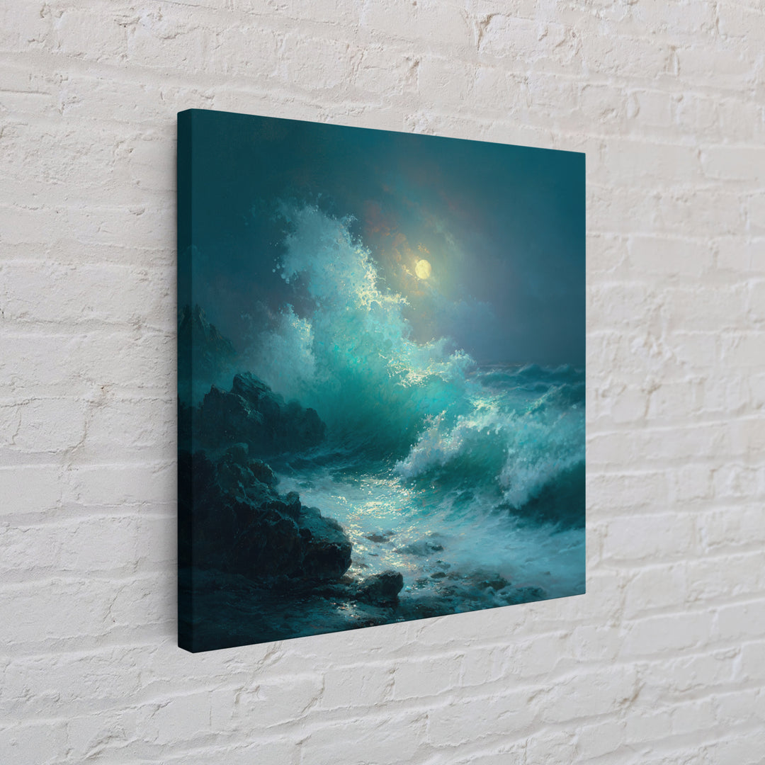 Moonlit Turquoise Wave Seascape Wall Art, Ocean Canvas Print, Coastal Bathroom Decor, Nautical Living Room Art Gift For Beach House