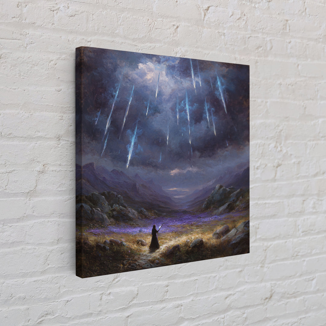 Icy Meteor Valley Wizard Wall Art, Dark Fantasy Framed Canvas Print, Mountain Landscape Decor, Gothic Office Art Gift For Him
