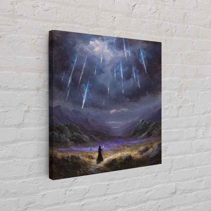 Icy Meteor Valley Wizard Wall Art, Dark Fantasy Framed Canvas Print, Mountain Landscape Decor, Gothic Office Art Gift For Him