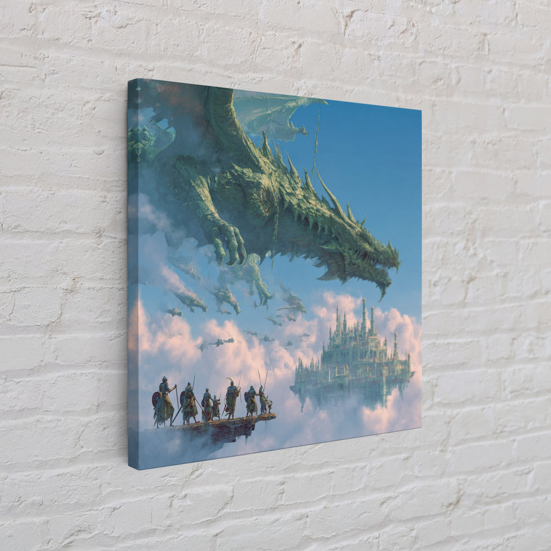 Giant Dragon Over Sky Castle Wall Art, Epic Fantasy Canvas Print, Floating Kingdom Decor, Gaming Room Statement Artwork Gift