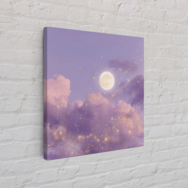 Full Moon With Golden Constellations Wall Art, Celestial Canvas Print, Purple Cloud Decor, Mystical Bedroom Gift For Her