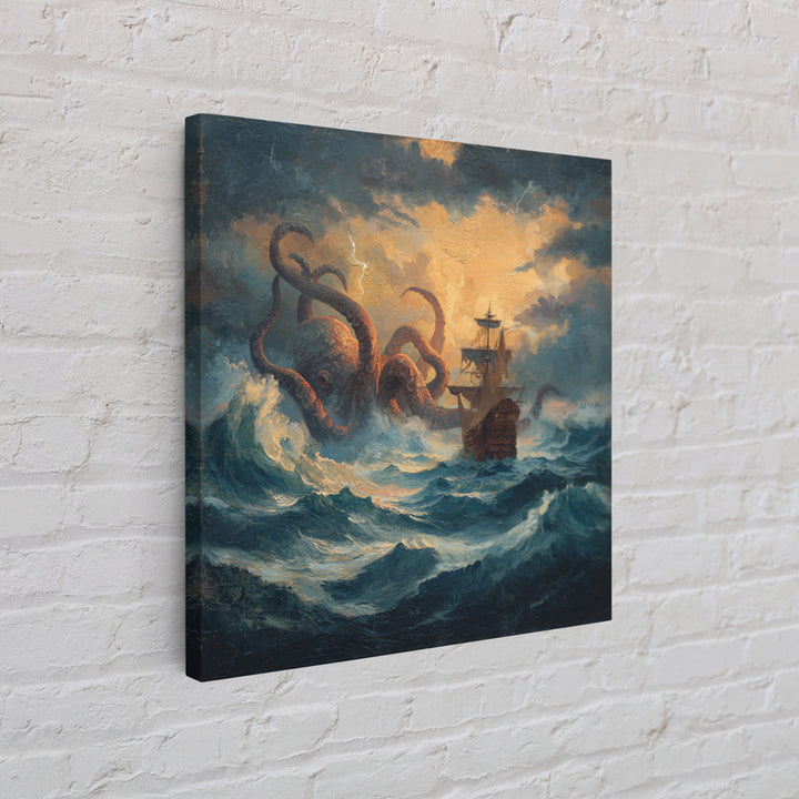 Storm Kraken And Tall Ship In Tempest Seas Canvas Print, Nautical Fantasy Wall Art, Ocean Monster Decor, Gift For Him, Coastal Home Decor