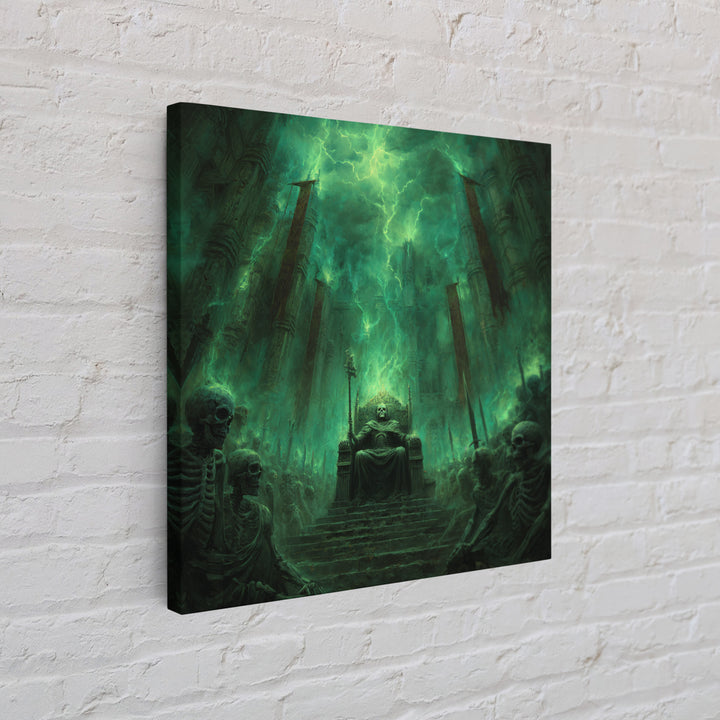 Emerald Necromancer Throne With Skeleton Army Framed Canvas Print, Gothic Wall Art, Dark Fantasy Decor, Occult Office Art