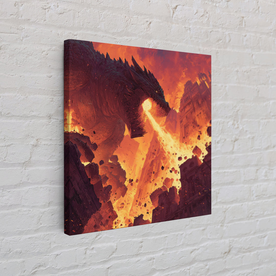 Fire Breathing Dragon Over Ruined City Canvas Print, Epic Fantasy Wall Art, Dystopian Decor, Gaming Room Statement Art, Gift For Him