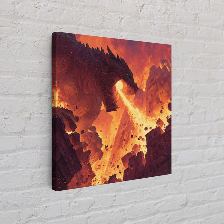 Fire Breathing Dragon Over Ruined City Canvas Print, Epic Fantasy Wall Art, Dystopian Decor, Gaming Room Statement Art, Gift For Him