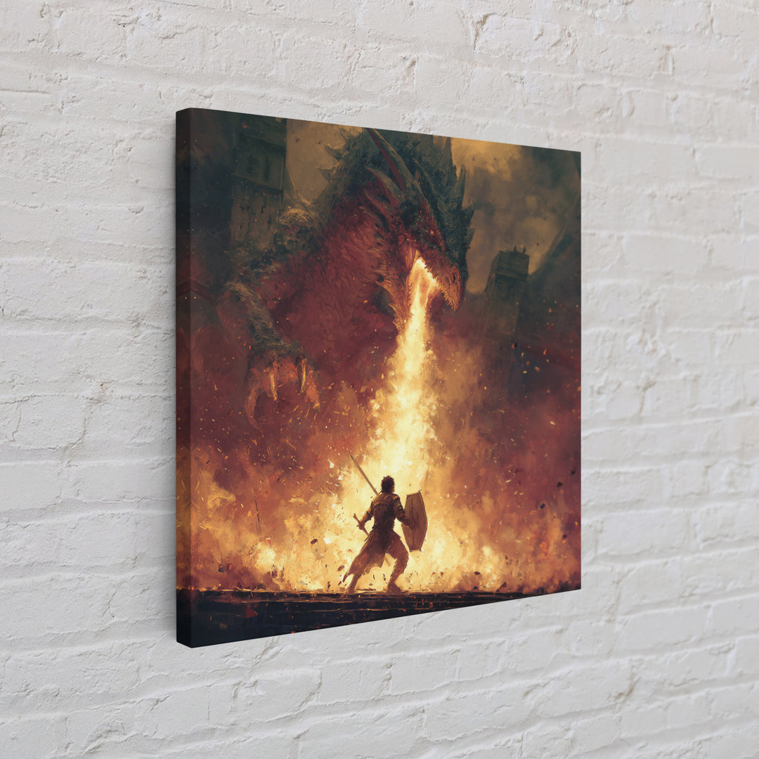 Warrior Facing Fire Breathing Dragon Framed Canvas Print, Epic Fantasy Wall Art, Hero Battle Decor, Gaming Room Gift For Him, Large Art