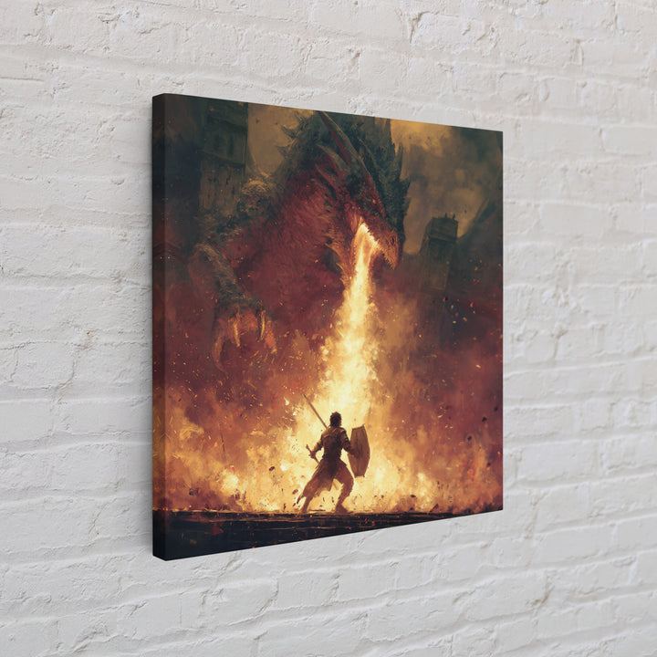Warrior Facing Fire Breathing Dragon Framed Canvas Print, Epic Fantasy Wall Art, Hero Battle Decor, Gaming Room Gift For Him, Large Art