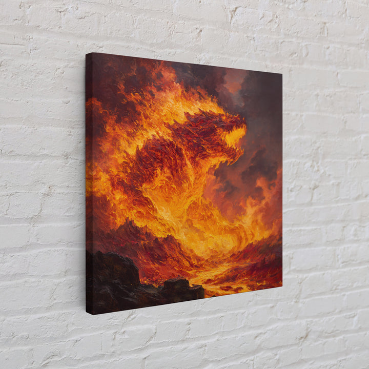 Blazing Fire Dragon Rising From Lava Canvas Print, Fantasy Wall Art, Orange Statement Artwork, Dark Fantasy Home Decor, Gift For Him