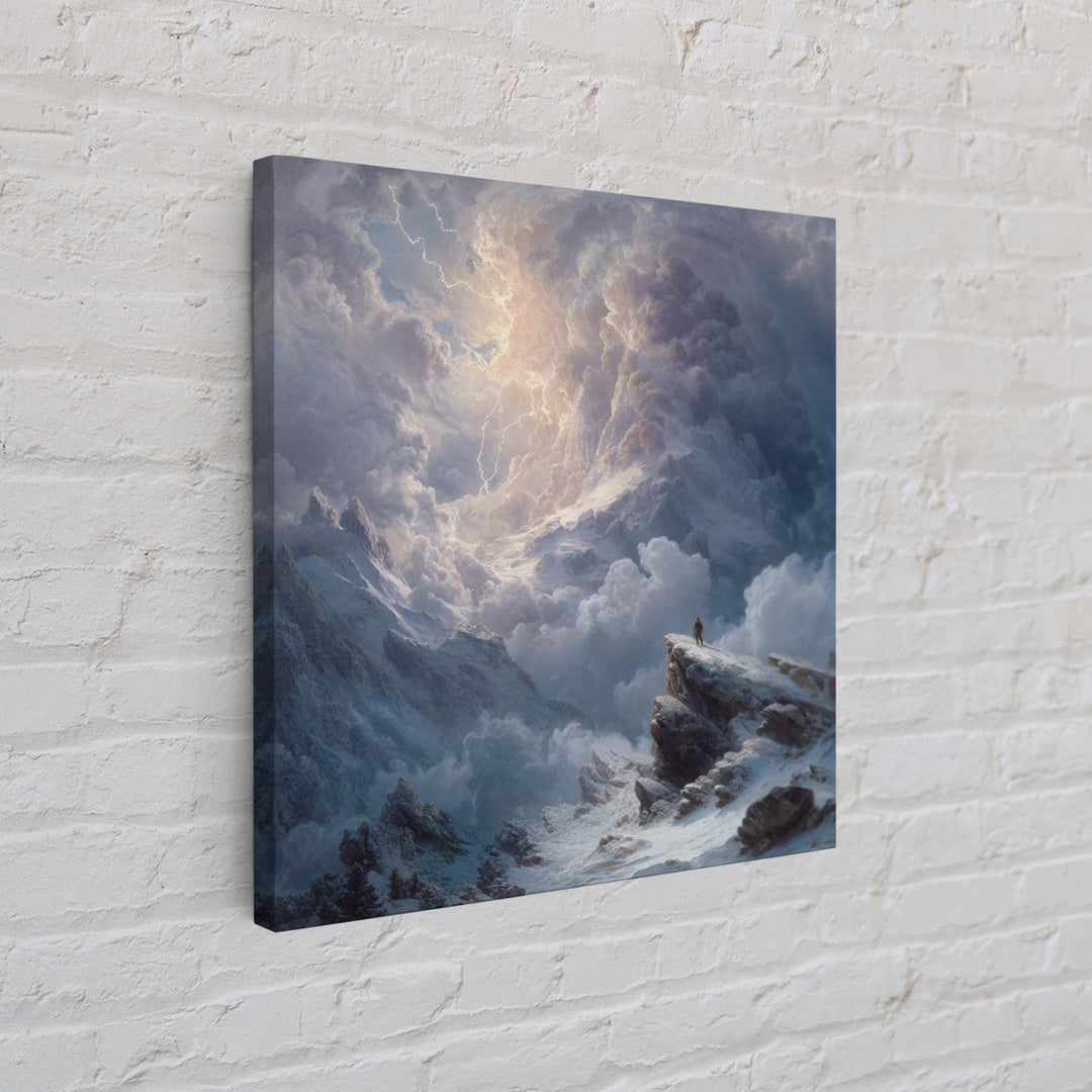 Lone Explorer On Snowy Mountain Storm Canvas Print, Winter Landscape Wall Art, Moody Nature Decor, Adventure Gift For Him