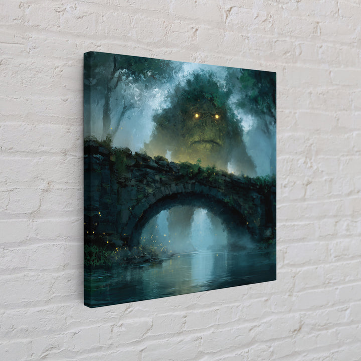 Mossy Forest Giant Above Stone Bridge Framed Canvas Print, Whimsical Fantasy Wall Art, Nature Decor, Cozy Gift For Her, Woodland Home Decor