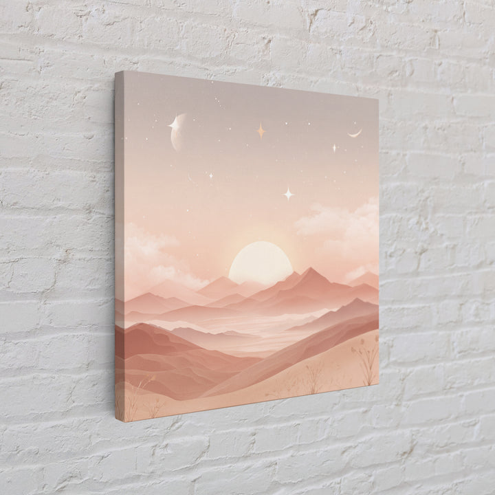 Peach Sunrise Mountains With Moon And Stars Wall Art, Minimalist Landscape Print, Celestial Nursery Decor, Above Bed Art