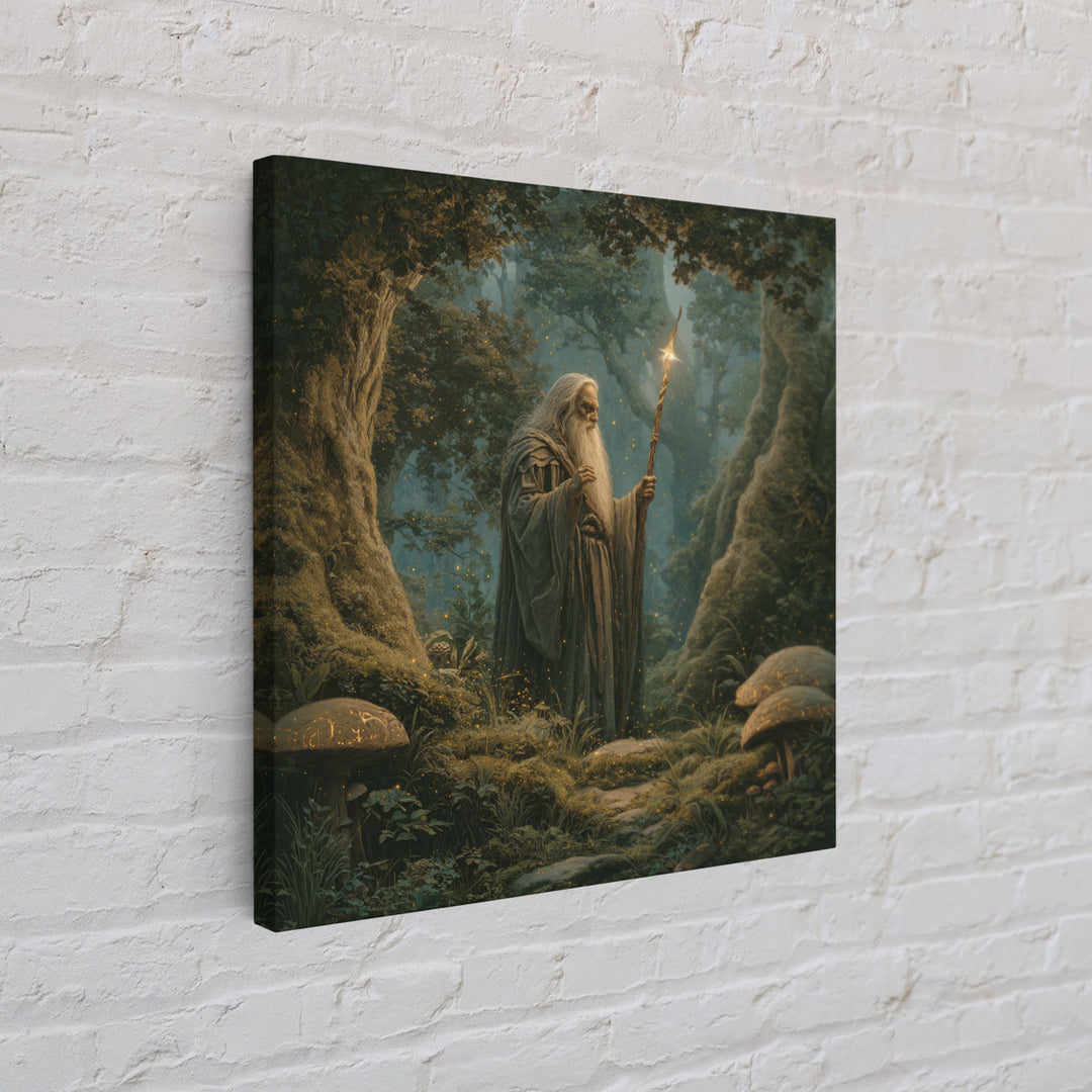 Ancient Wizard With Glowing Staff Framed Canvas Print, Fantasy Wall Art, Enchanted Forest Home Decor, Dark Academia Gift