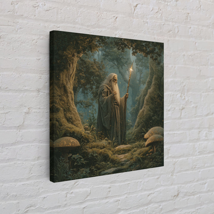 Ancient Wizard With Glowing Staff Framed Canvas Print, Fantasy Wall Art, Enchanted Forest Home Decor, Dark Academia Gift