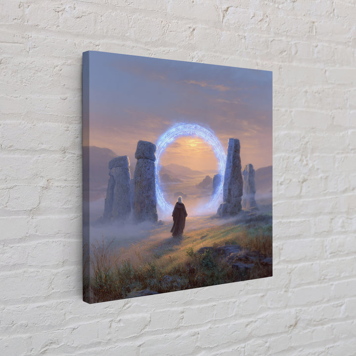 Glowing Rune Portal Between Ancient Stones Canvas Print, Fantasy Landscape Wall Art, Mystical Home Decor, Magic Gateway Art