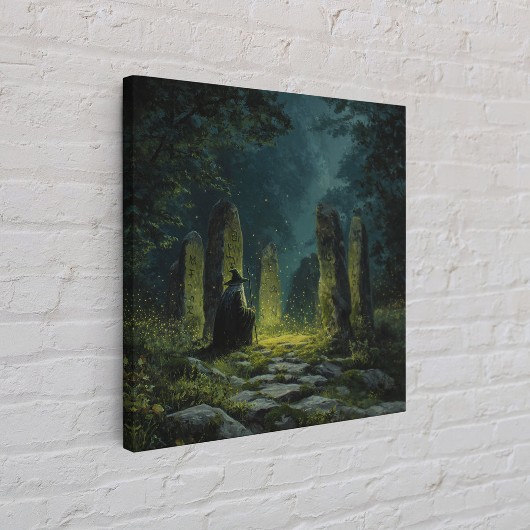 Dark Witch At Ancient Rune Stones Wall Art, Gothic Fantasy Canvas Print, Mystical Forest Decor, Dark Academia Poster Gift