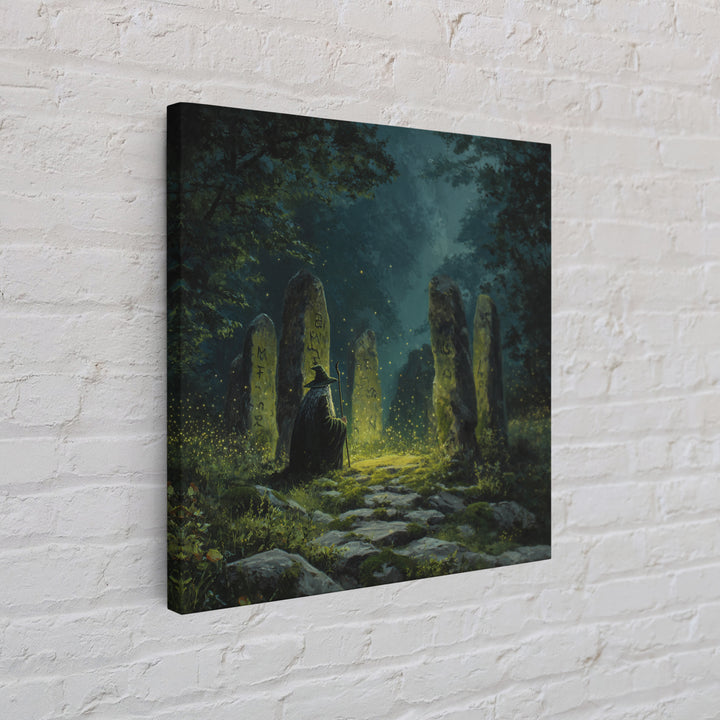 Dark Witch At Ancient Rune Stones Wall Art, Gothic Fantasy Canvas Print, Mystical Forest Decor, Dark Academia Poster Gift