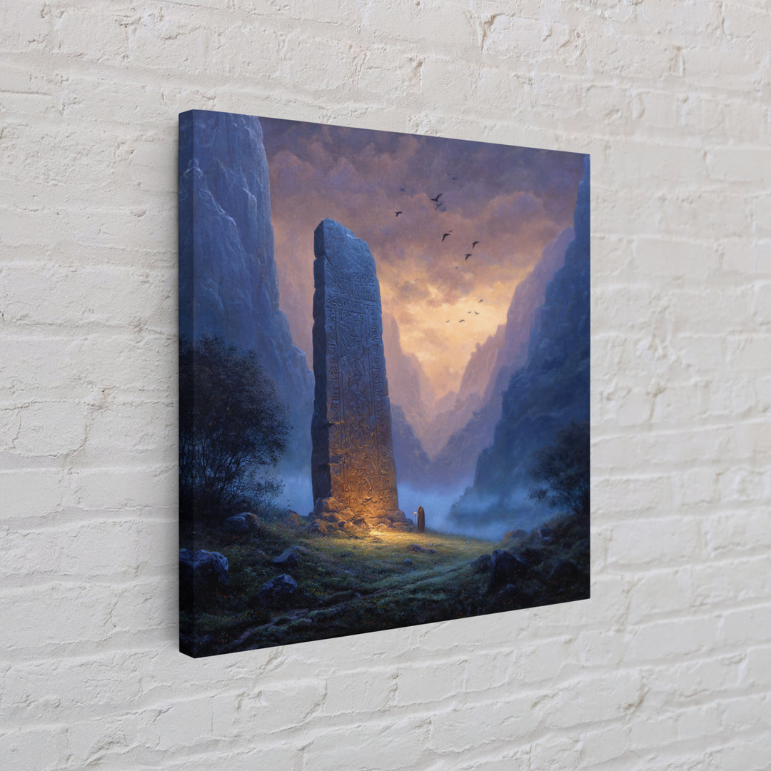 Carved Rune Monolith In Misty Mountain Valley Wall Art, Fantasy Landscape Canvas Print, Mystical Ancient Stone Home Decor