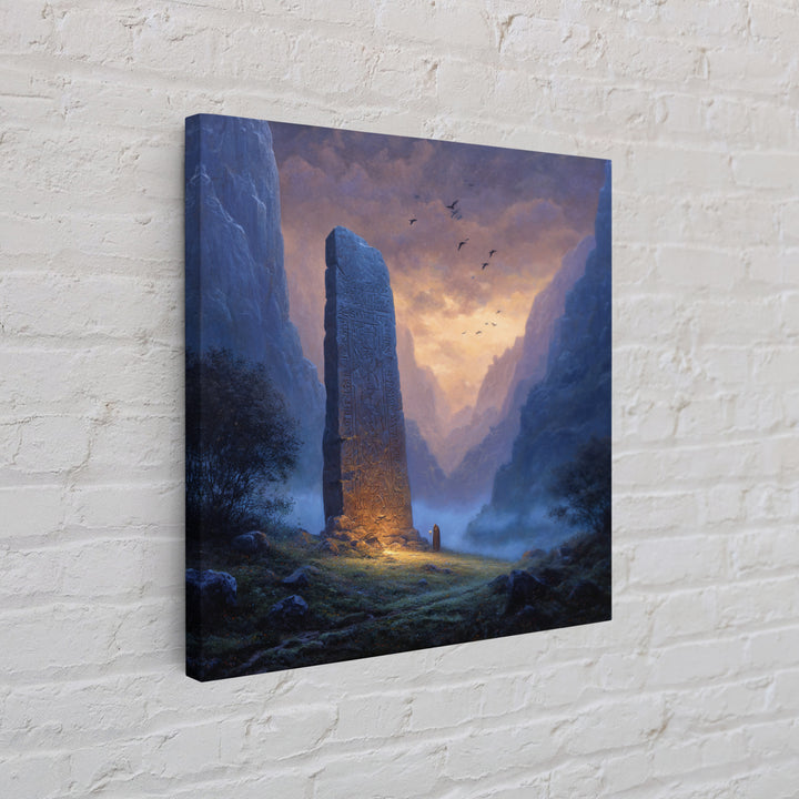 Carved Rune Monolith In Misty Mountain Valley Wall Art, Fantasy Landscape Canvas Print, Mystical Ancient Stone Home Decor